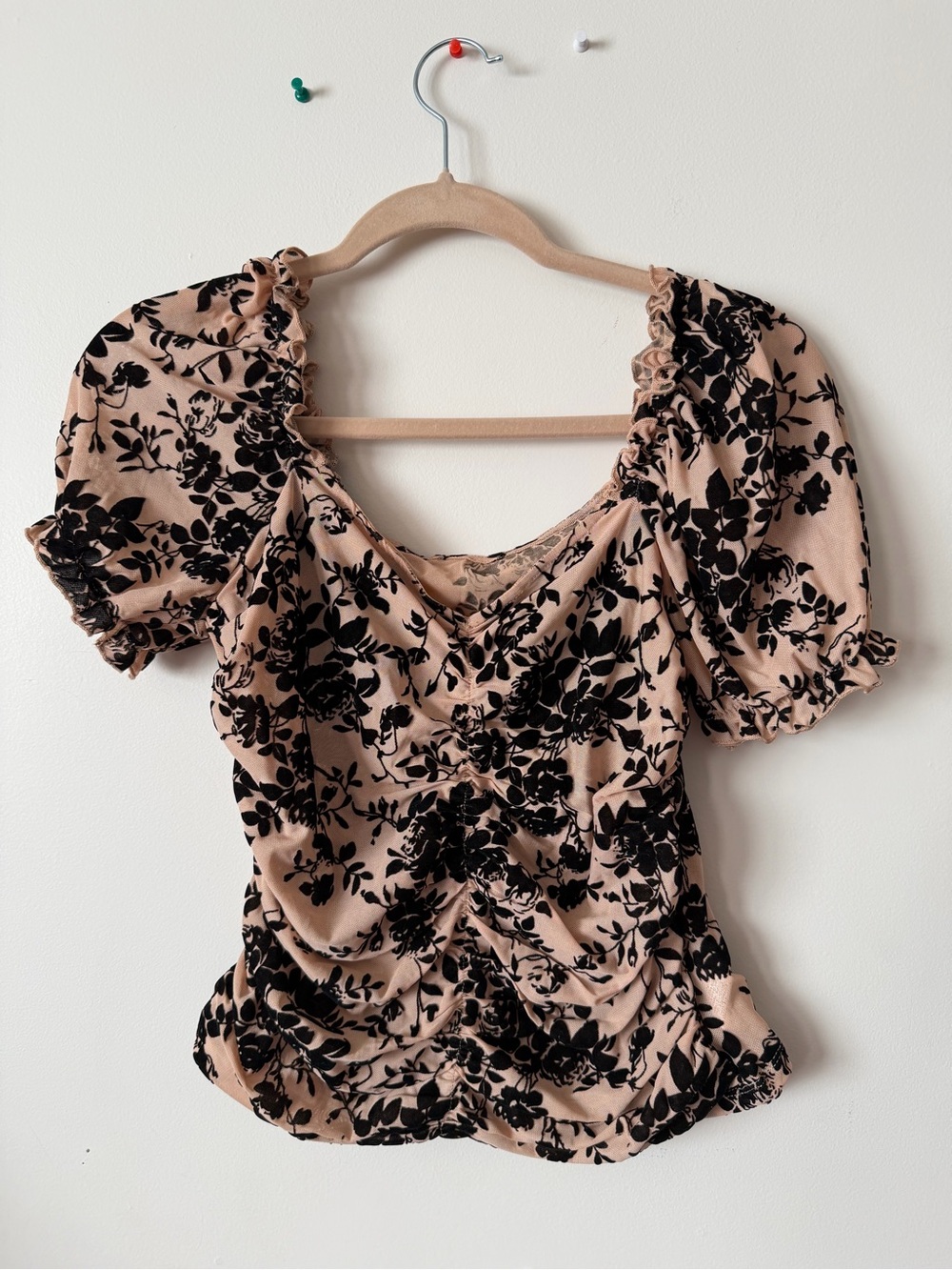 Ruched Puff Sleeve Floral Blouse - Blush/Black